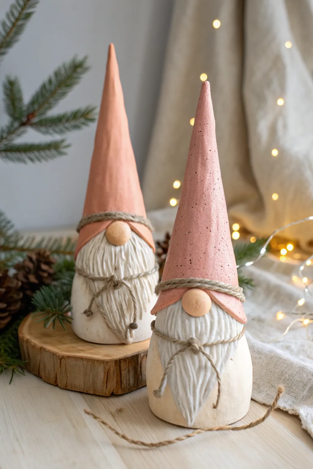 Minimalist clay Christmas gnomes with tall hats, cozy duo styling and soft Nordic contrast