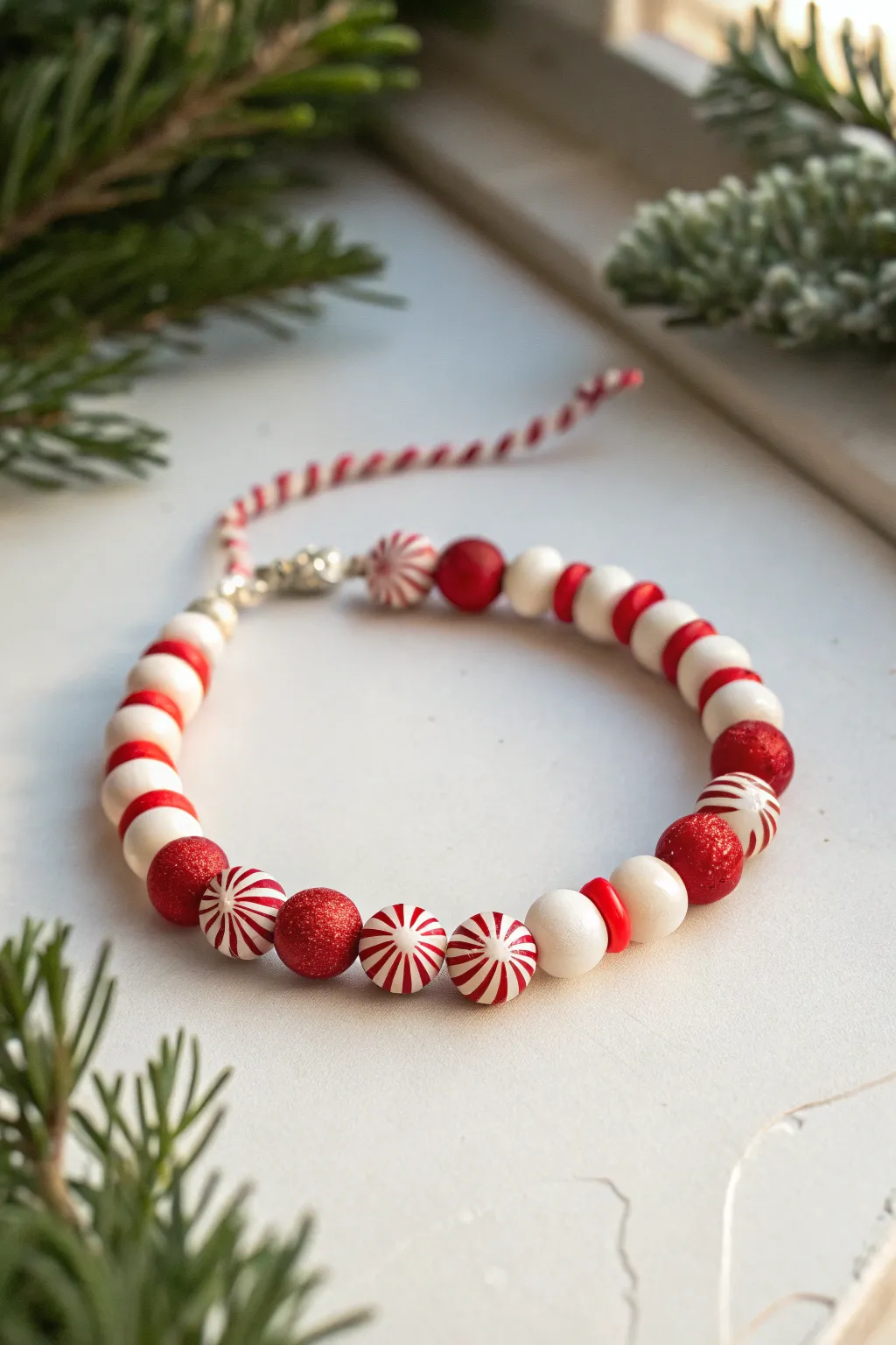 Peppermint swirl clay bead bracelet with crisp red and white heishis and marbled accents.