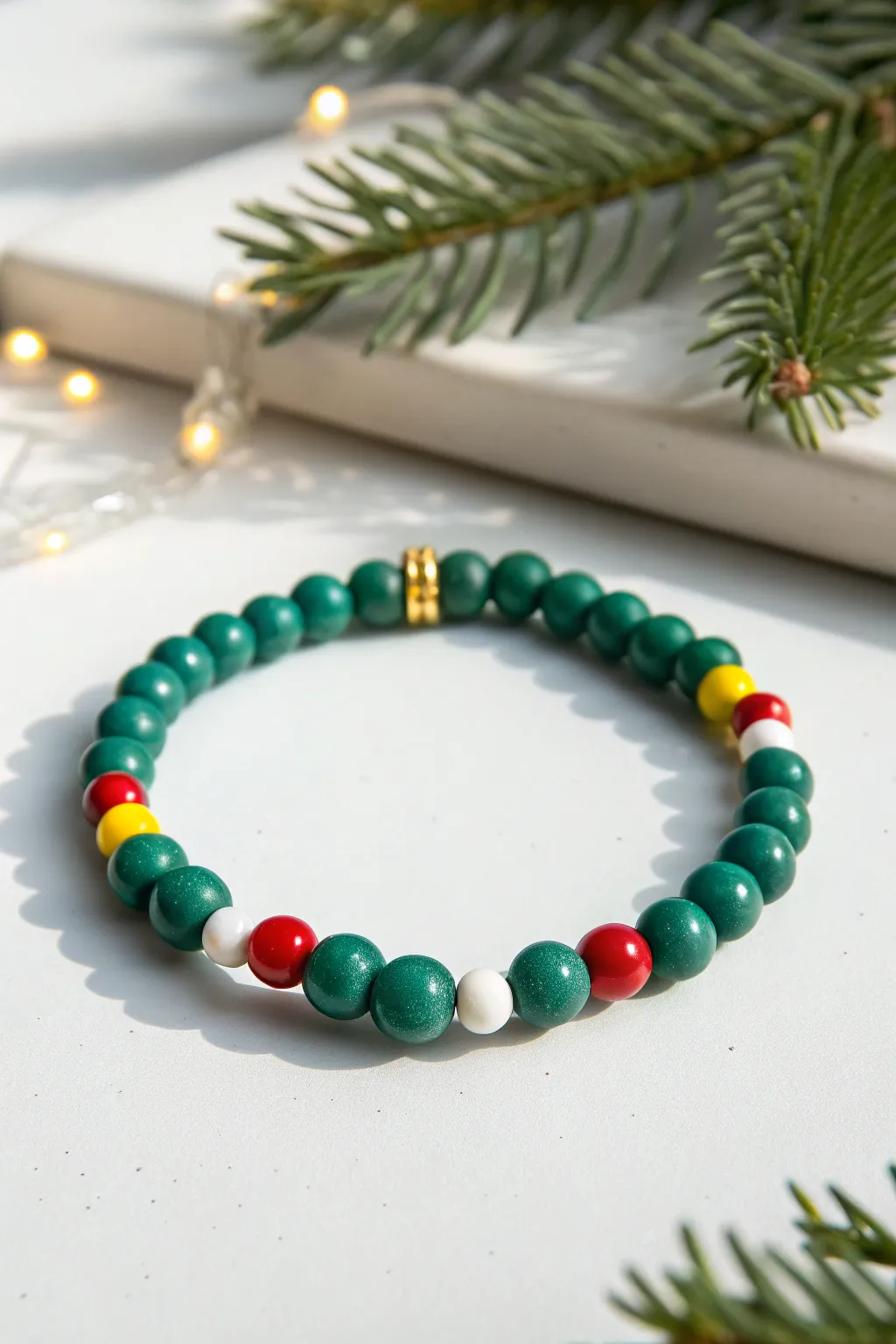 Green clay bracelet with colorful light-like beads, minimalist holiday charm with soft bokeh glow