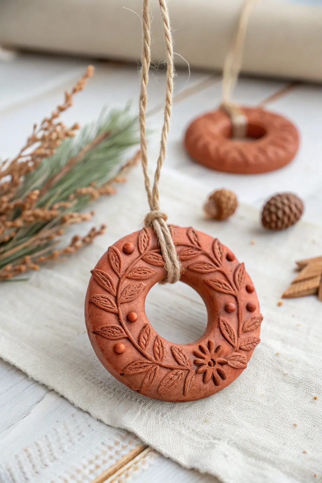 Tiny clay wreath ornaments with simple leaves and berry dots, styled in cozy Nordic minimal decor.