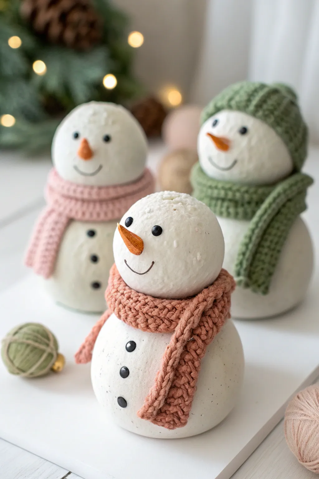Cozy mini clay snowman trio with colorful scarves and chunky buttons, perfect for Christmas decor.