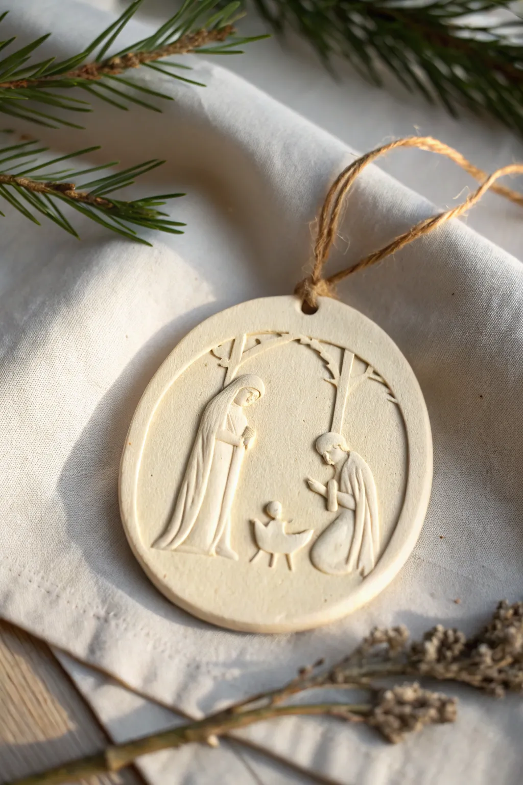 Minimal clay nativity ornament in warm candlelight, simple lines and cozy Scandinavian calm