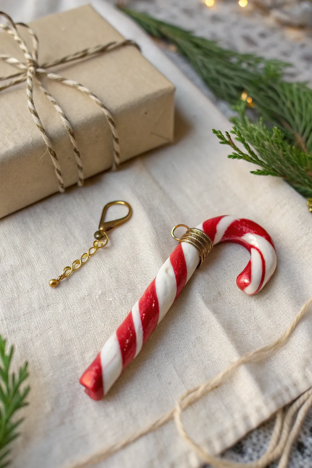 Sweet candy cane clay charm that works as a mini ornament or a cute gift-tie add-on.