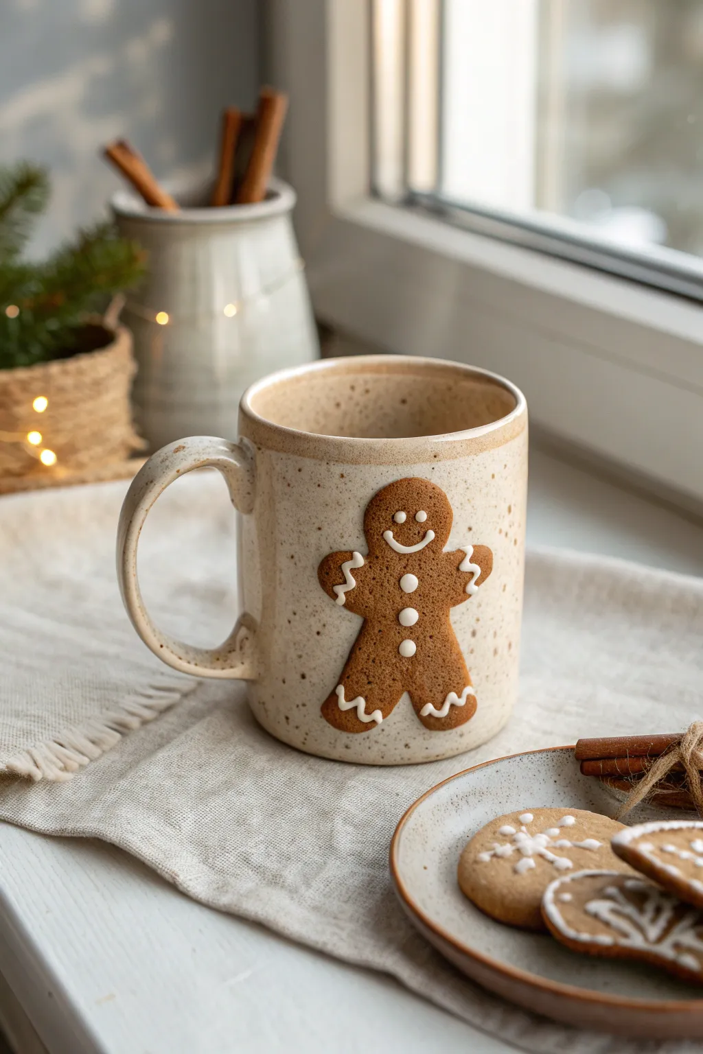 Cozy gingerbread character mug with simple icing details, styled with cinnamon for holiday warmth