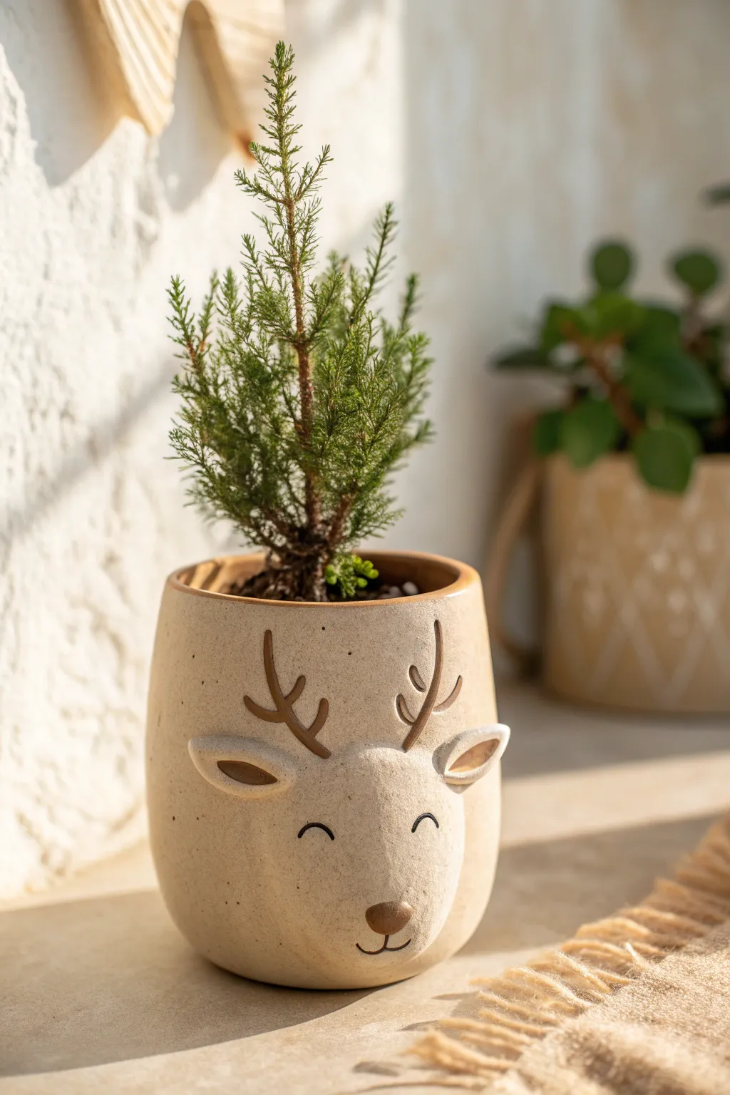 Minimal reindeer planter in warm neutrals, holding a tiny evergreen for cozy Christmas charm