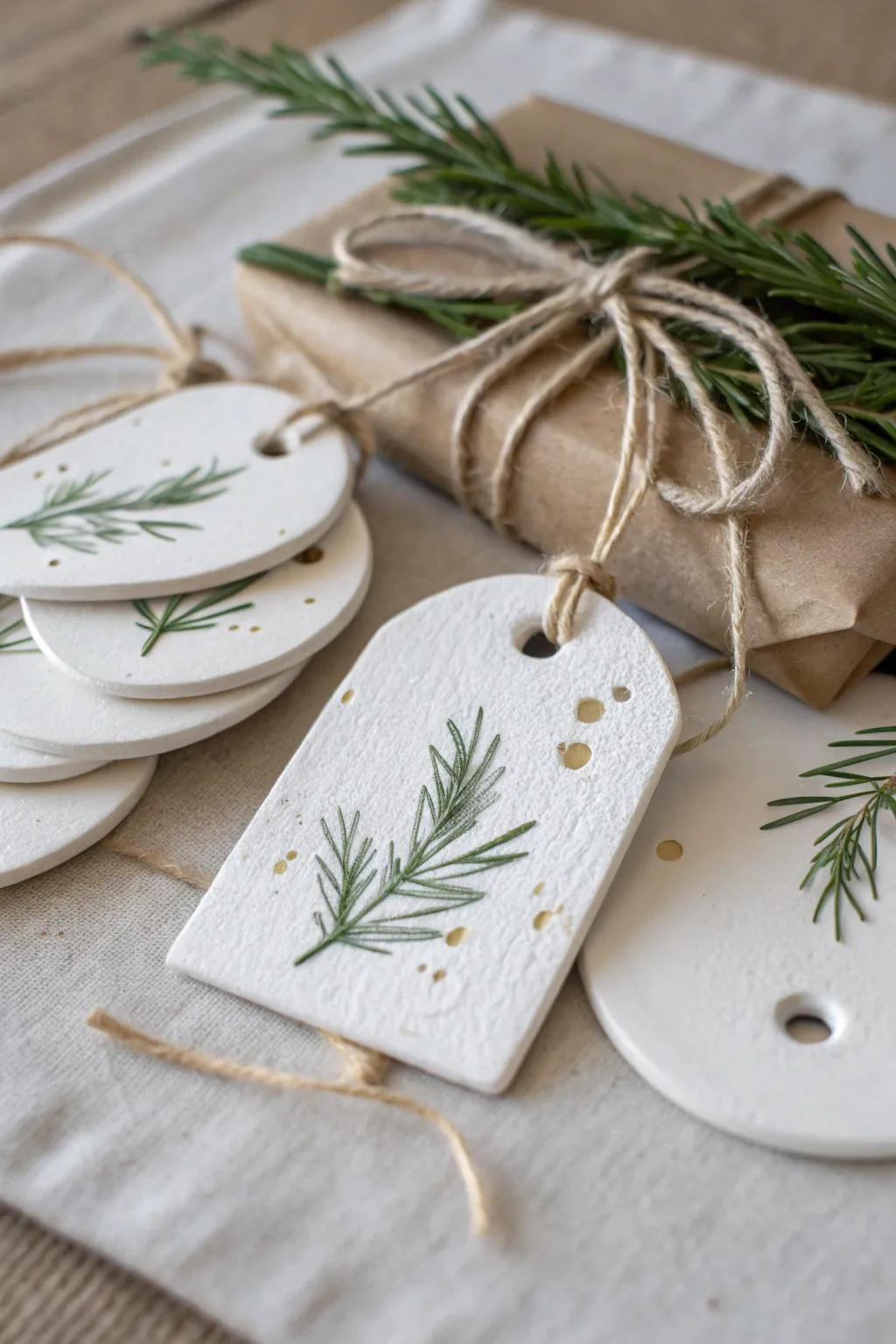 Evergreen-imprint clay gift tags with twine and a hint of gold, simple, festive, handmade charm.