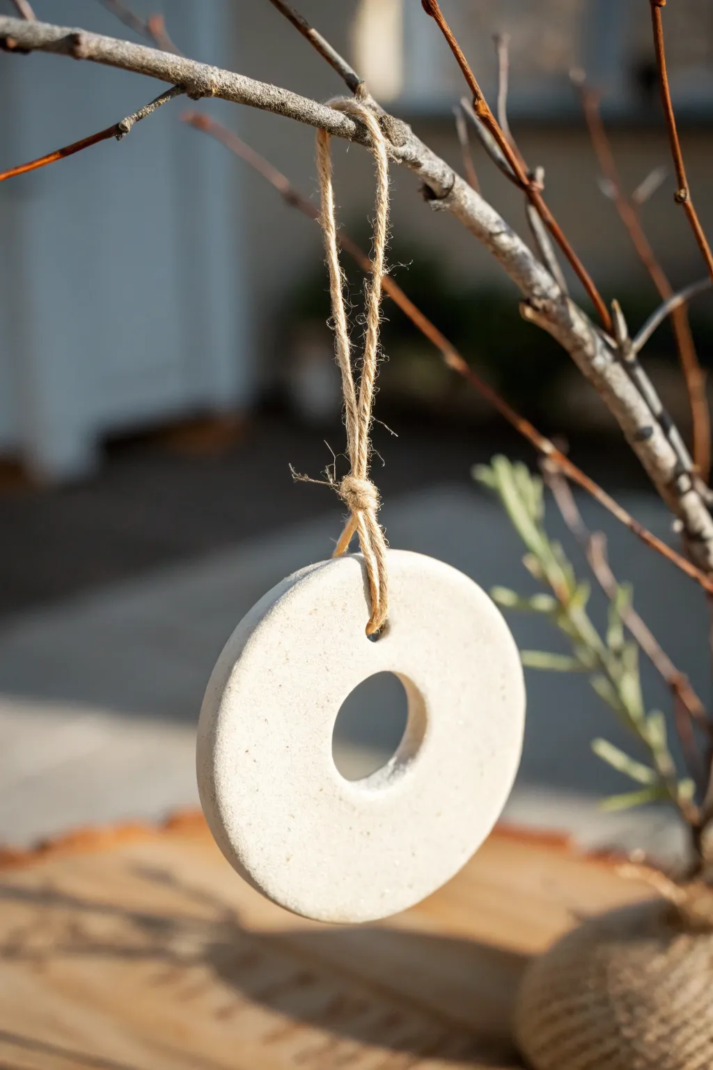 Minimal hanging clay circle ornament with linen string and subtle stamped texture