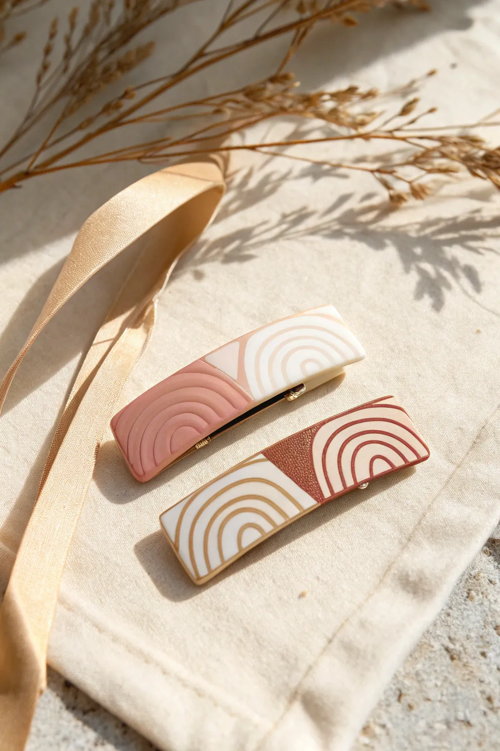 Minimal color-block clay hair barrettes in blush, cream, and earthy brown on linen ribbon