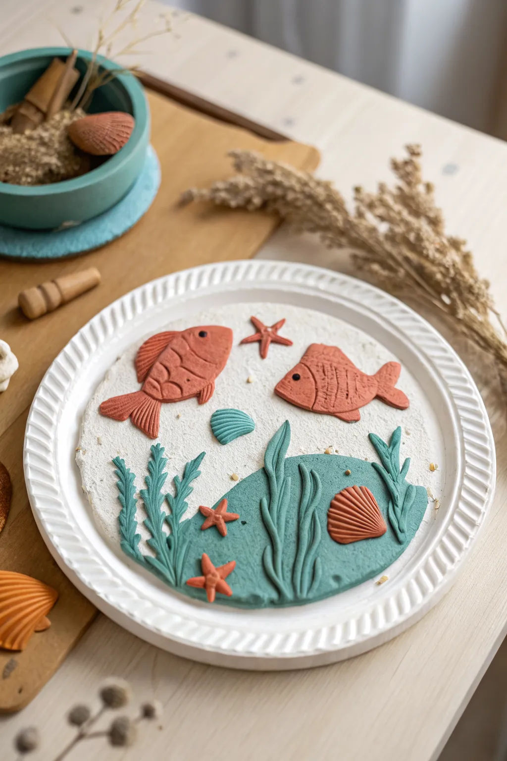 Simple clay relief scene on a round base, perfect for calm, creative crafting at home
