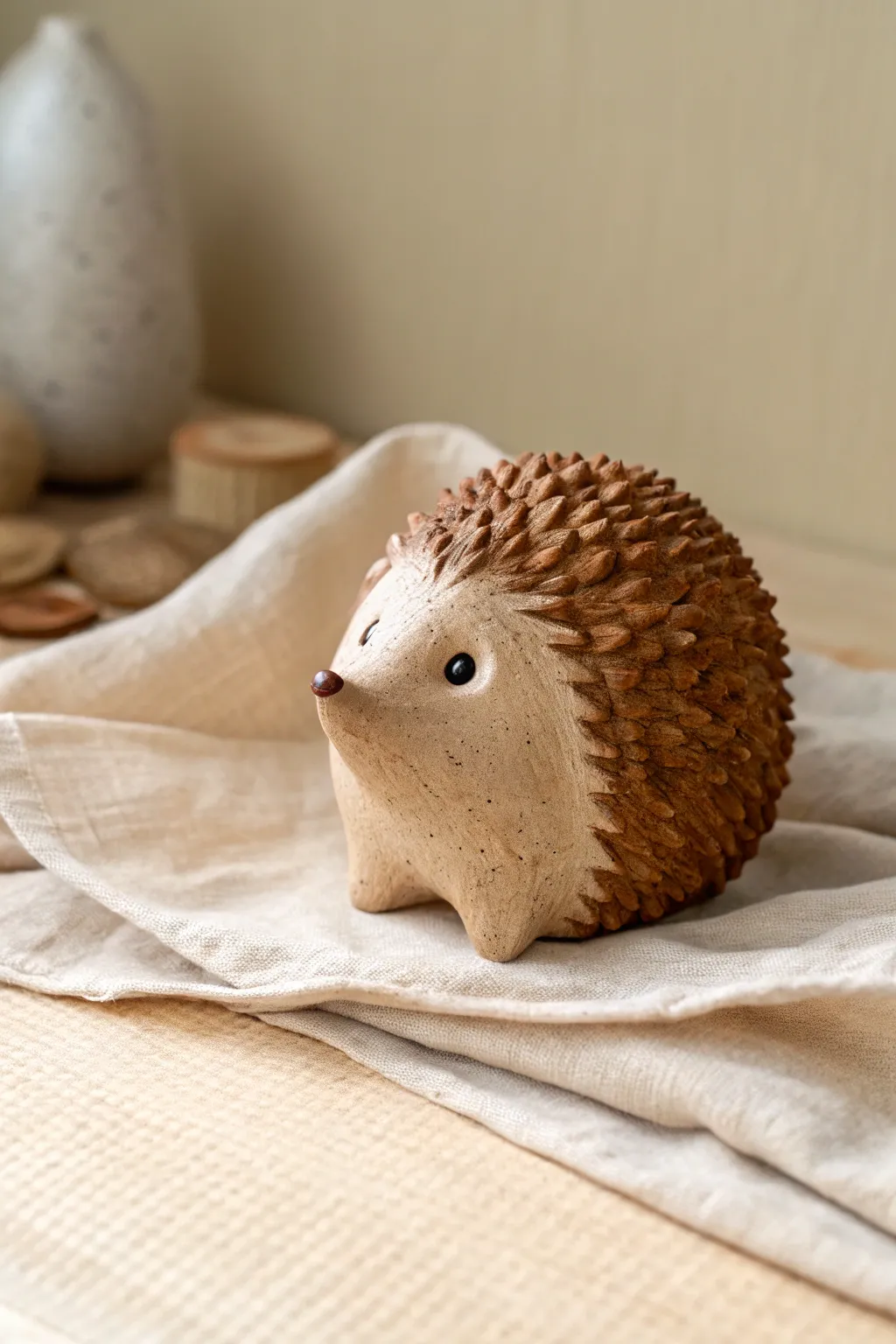 Earthy clay hedgehog with quick pressed spines, minimal face, and cozy Scandinavian styling.