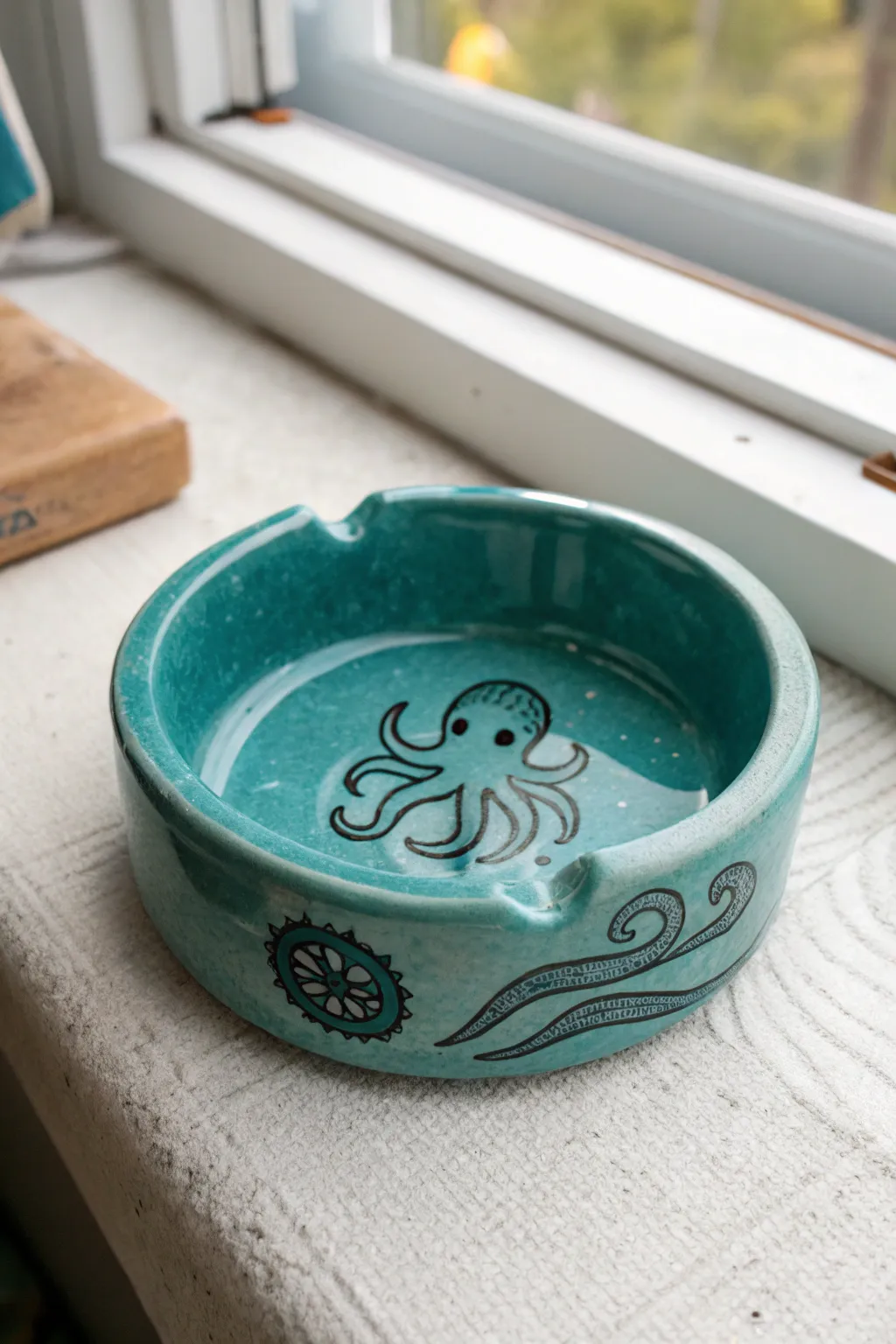 Glossy octopus rim ashtray with tentacle rests, sea-inspired clay decor for calm minimal spaces