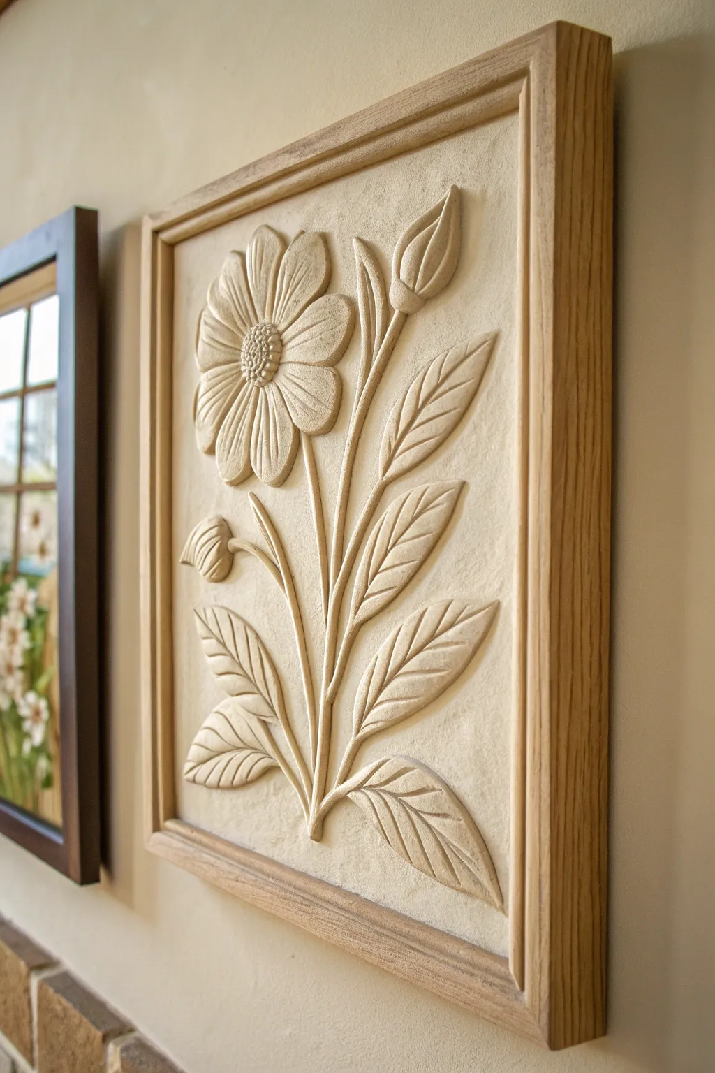 Bas-relief floral clay wall tile in soft neutrals, styled like minimalist framed art