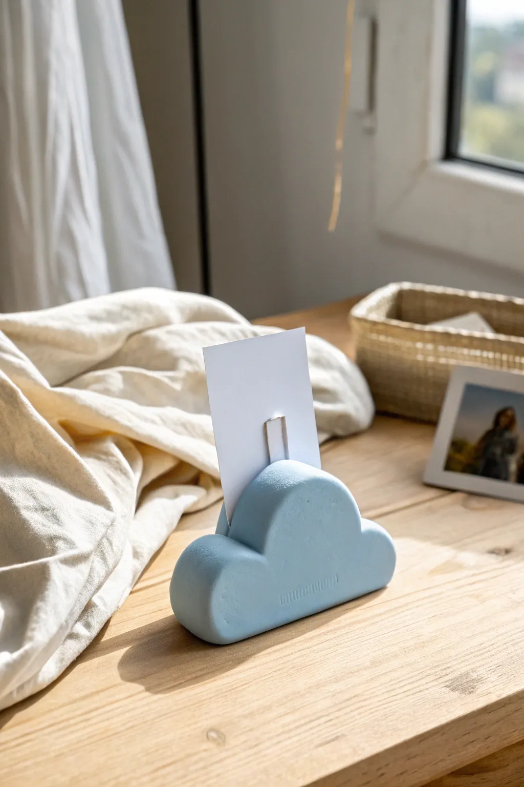 Soft baby blue cloud photo holder in gentle daylight, minimalist styling with cozy linen