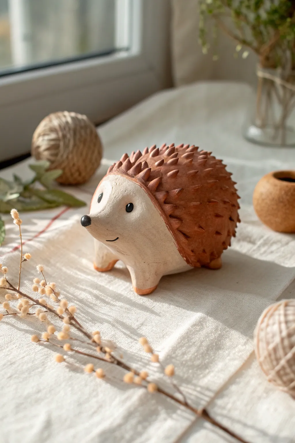 Cozy clay hedgehog with simple toothpick texture and warm earthy tones in a minimalist style