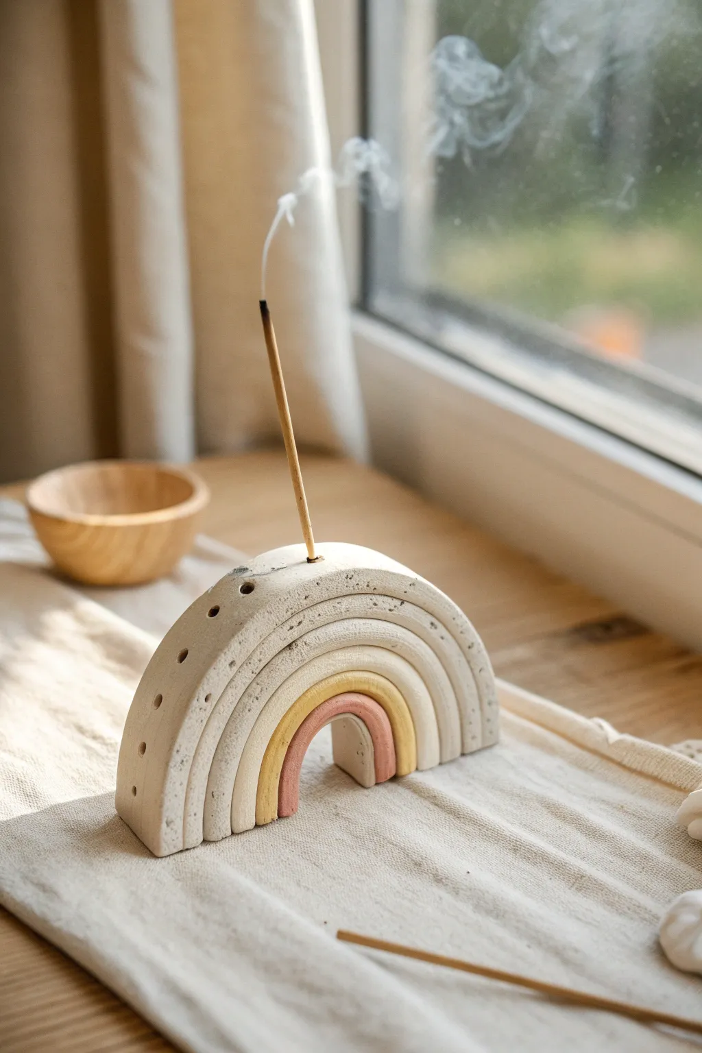 Minimal clay rainbow incense holder with a sweet face detail, styled in calm Scandinavian tones