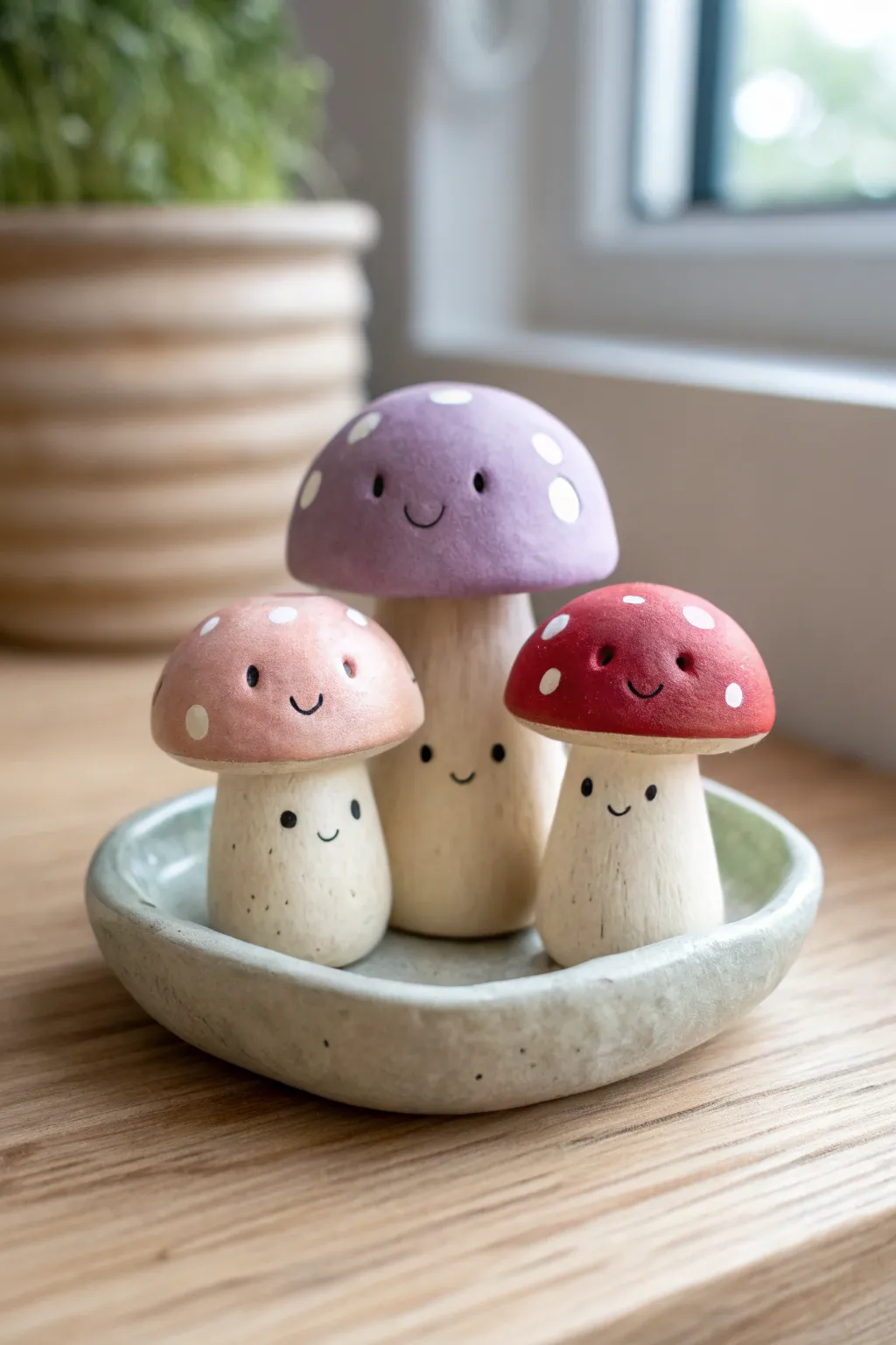 Pastel mini mushroom friends with kawaii faces, perfect cute clay decor for your shelf.