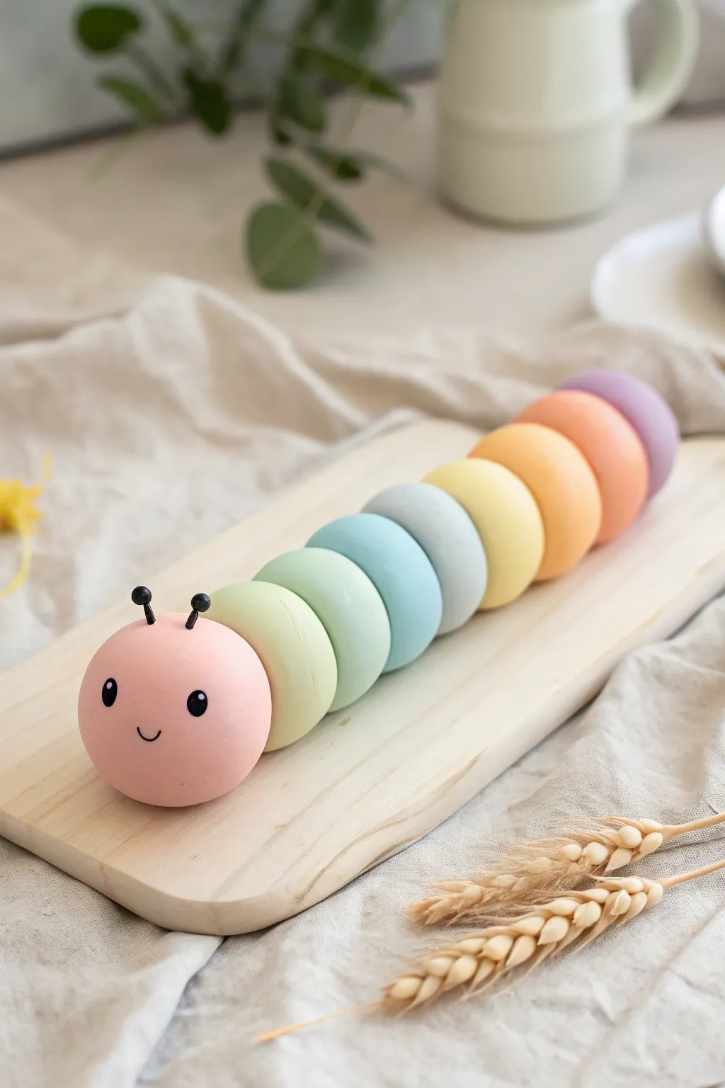 Rainbow clay caterpillar made from simple spheres, sweet and minimalist for easy kid-friendly art.