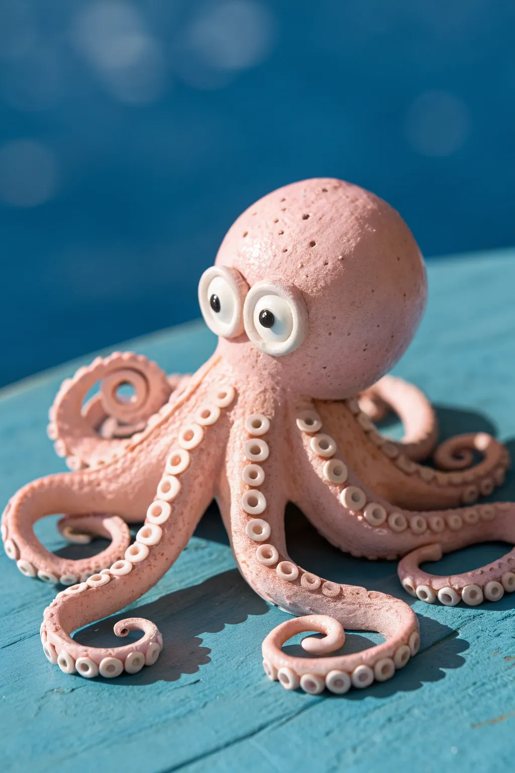 Cute coil-leg clay octopus kids can make, in bright pastel glaze on bold blue backdrop.