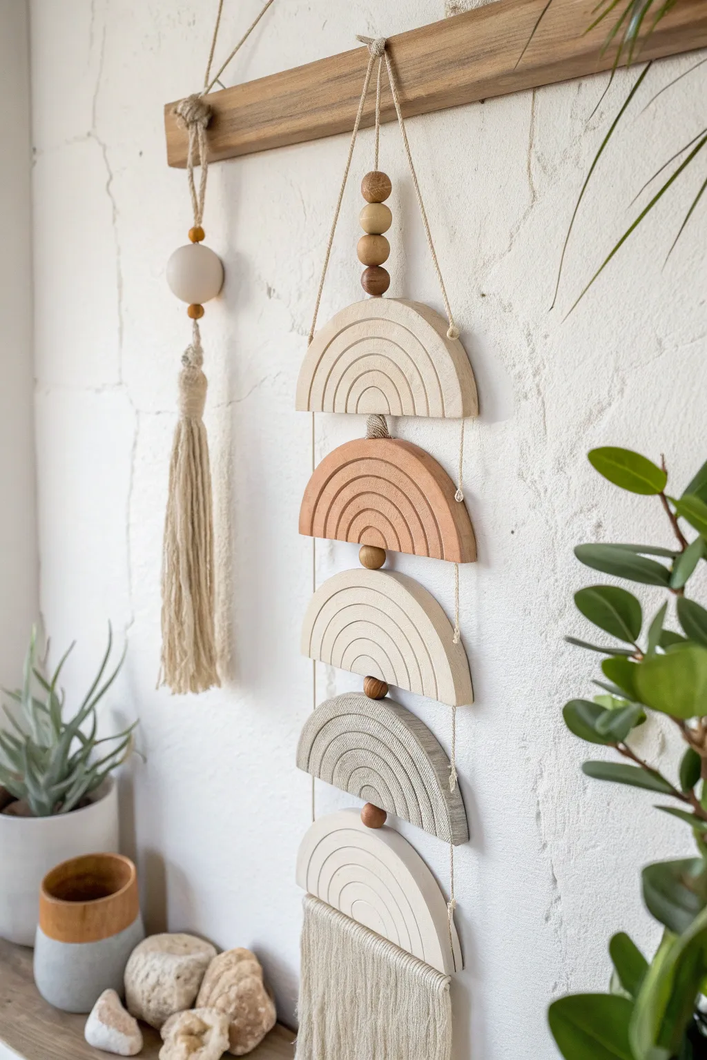 Minimalist clay wall hanging with neutral beads and matte tiles for calm, modern decor