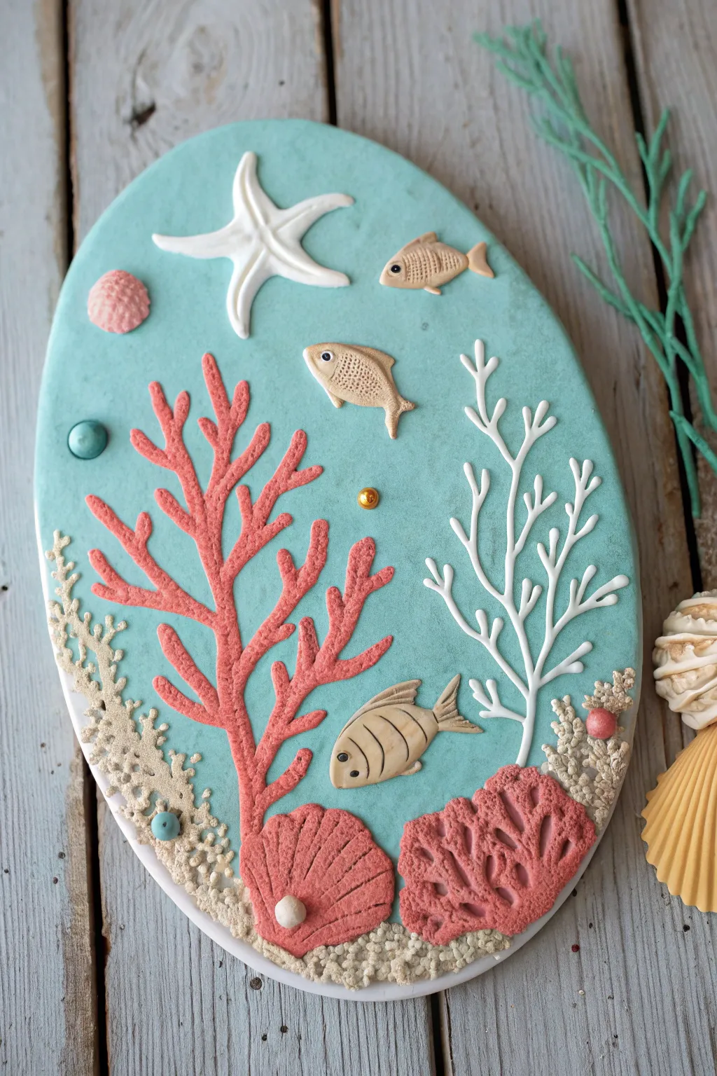 Kid-friendly coral reef clay plaque in bright ocean hues, clean shapes, and cozy minimal style