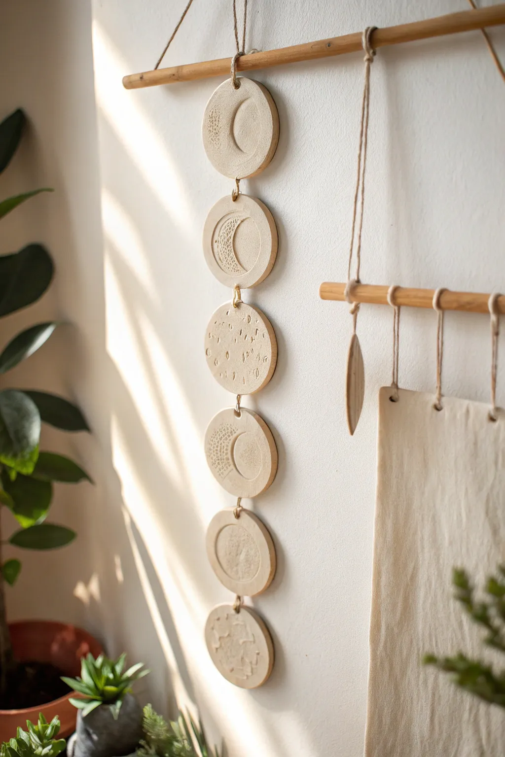 Minimal moon phase clay tiles for a calm boho wall moment, handmade and beautifully simple.