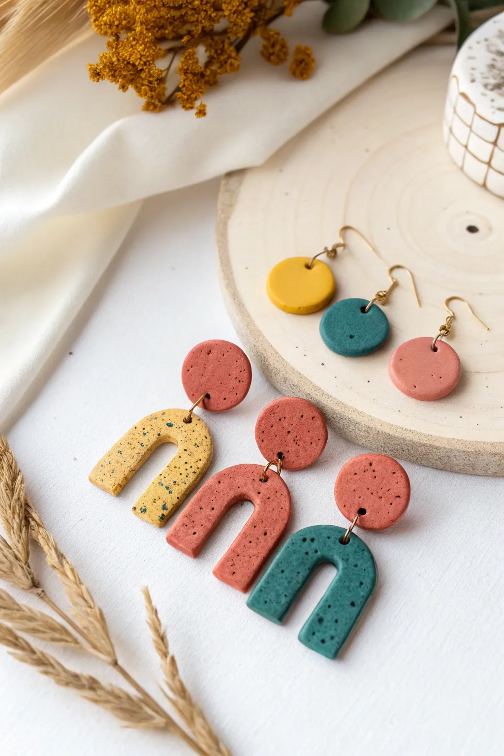 Bold polymer clay earrings in clean modern shapes, playful colors, and a simple terrazzo touch