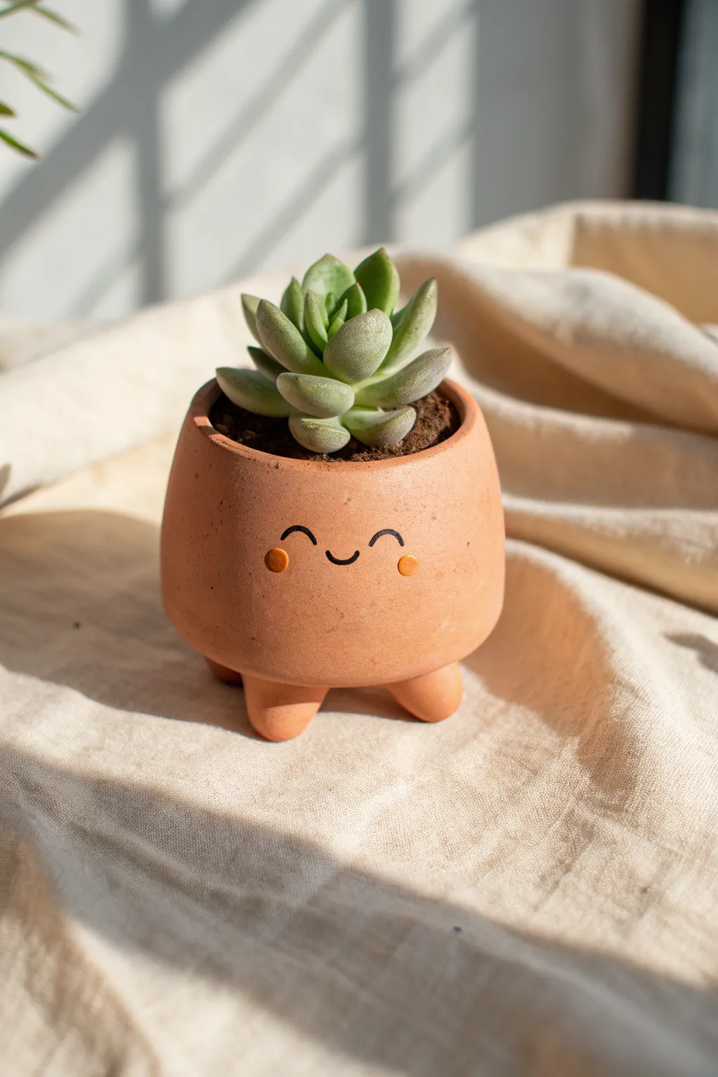 Adorable clay character planter with a tiny succulent, minimalist and easy to recreate at home