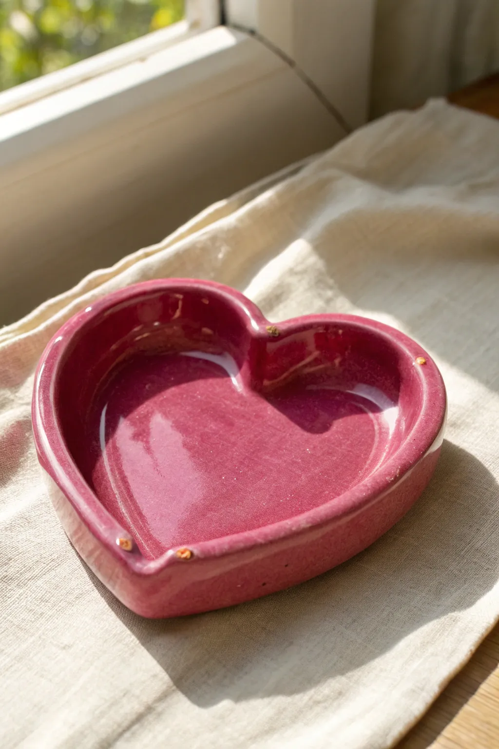 Glossy heart-shaped clay ashtray with sweet rim rests in a bold pink, minimal and handmade