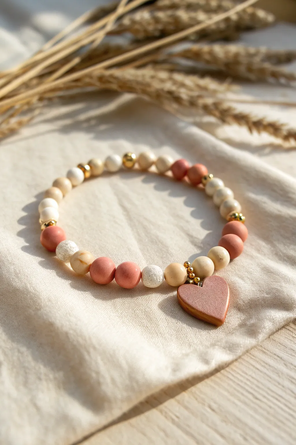 Soft clay bead bracelet with a centered heart accent framed by simple spacers