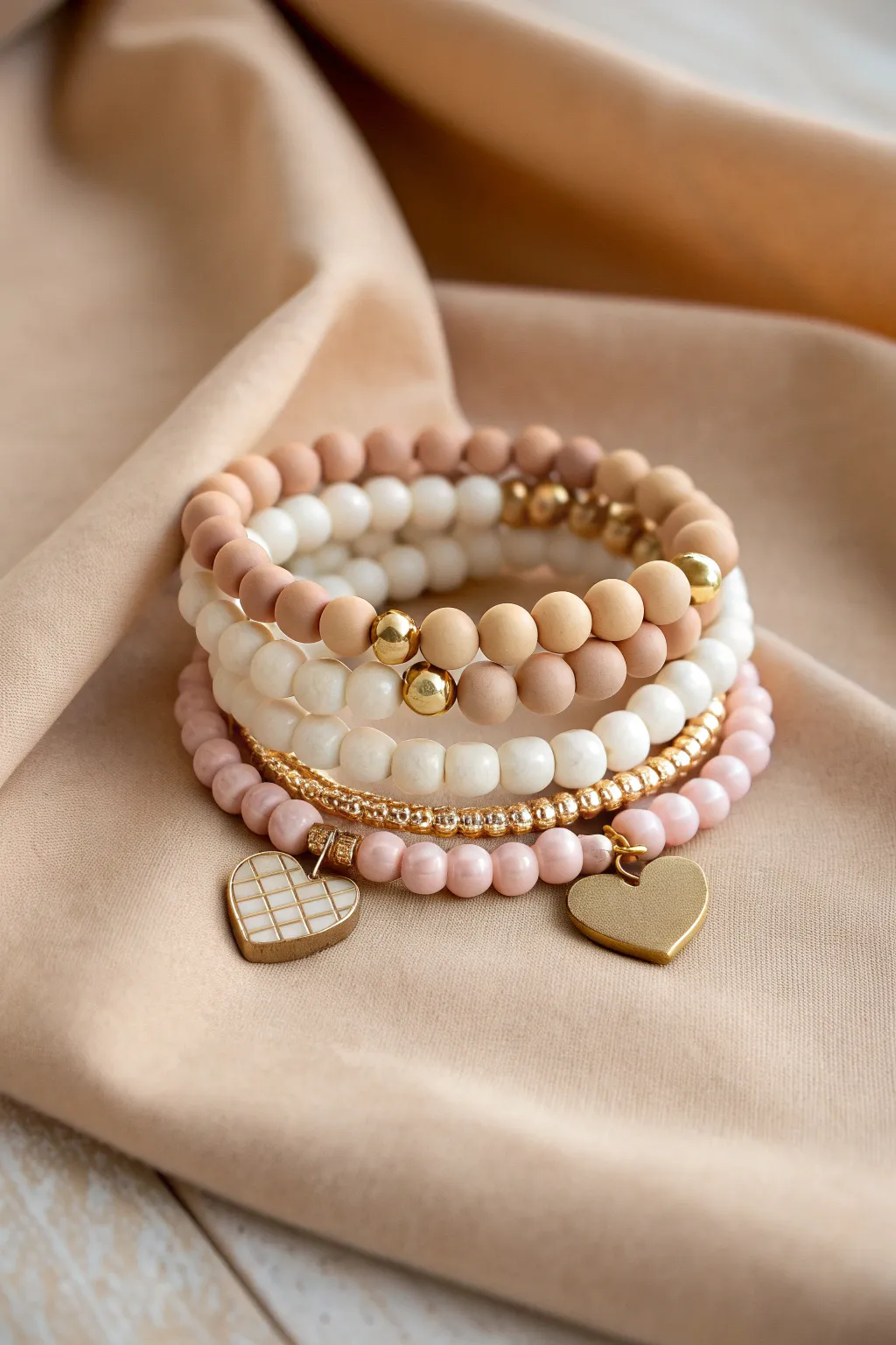 Mixed-shape clay bead bracelet stack with disc beads, faceted spacers, and heart accents