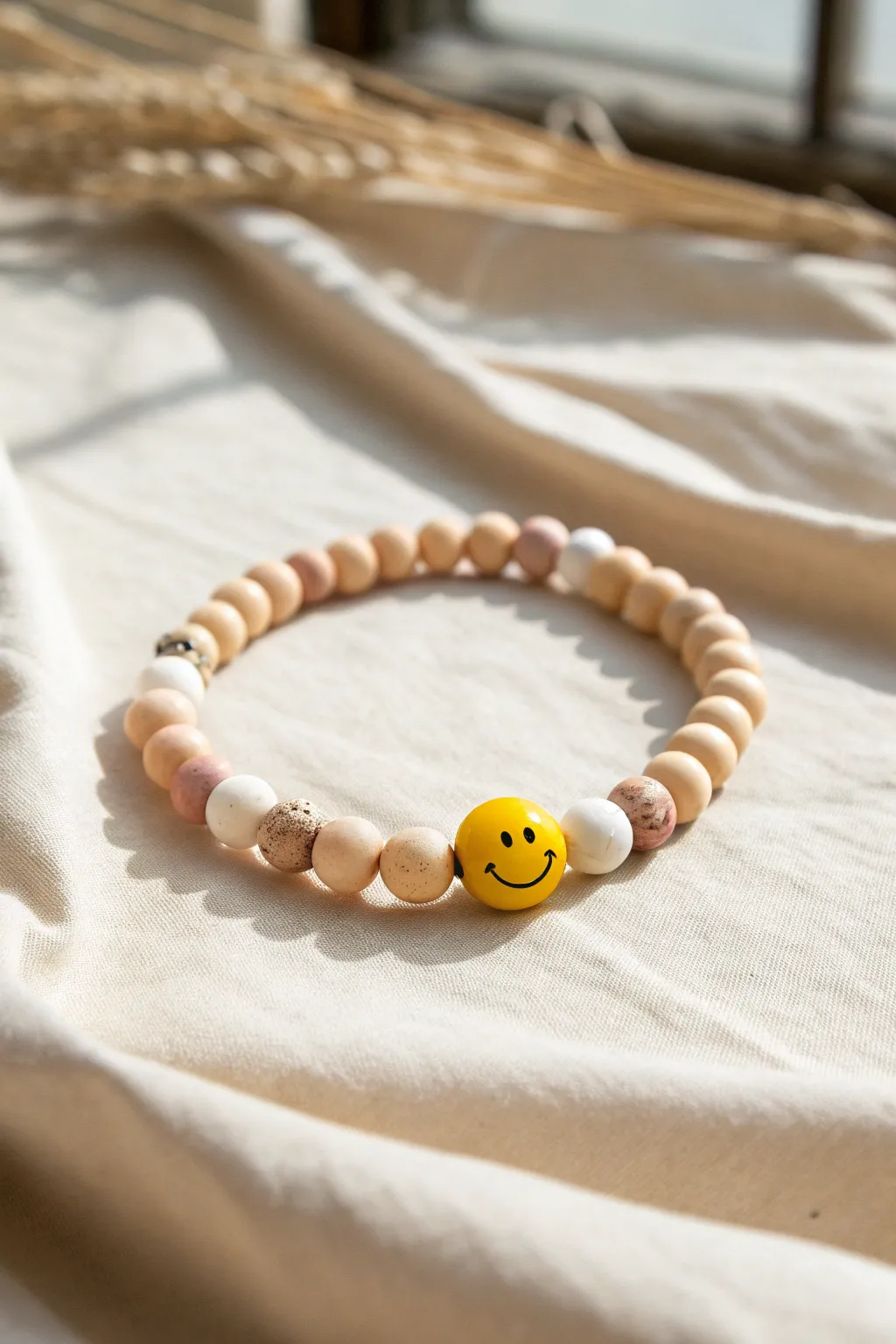 Simple clay bead bracelet with a sunny smiley accent, perfect for easy DIY boho minimal style