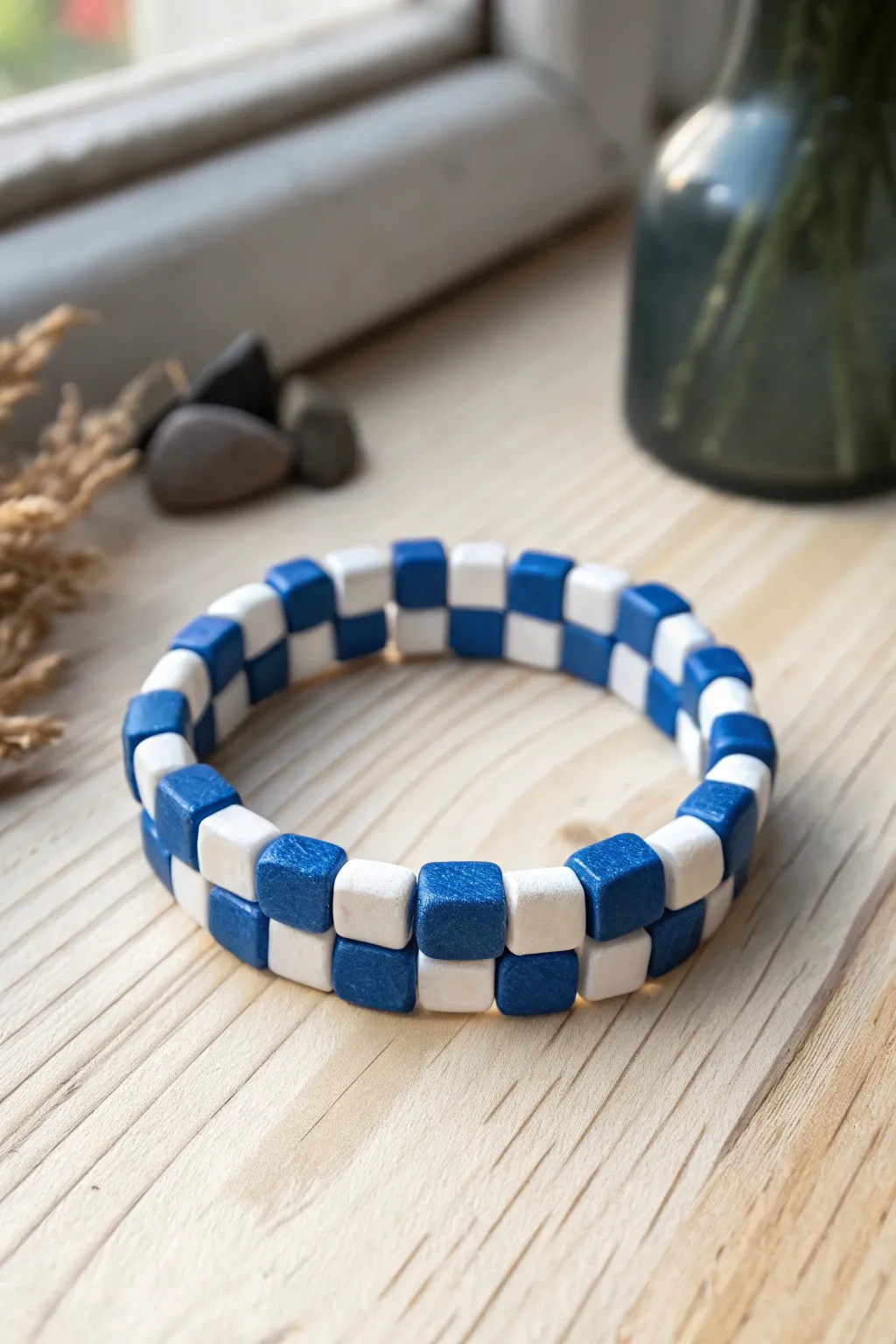Bold blue-white checkerboard clay bead bracelet flat lay on light wood, minimal Scandinavian boho.