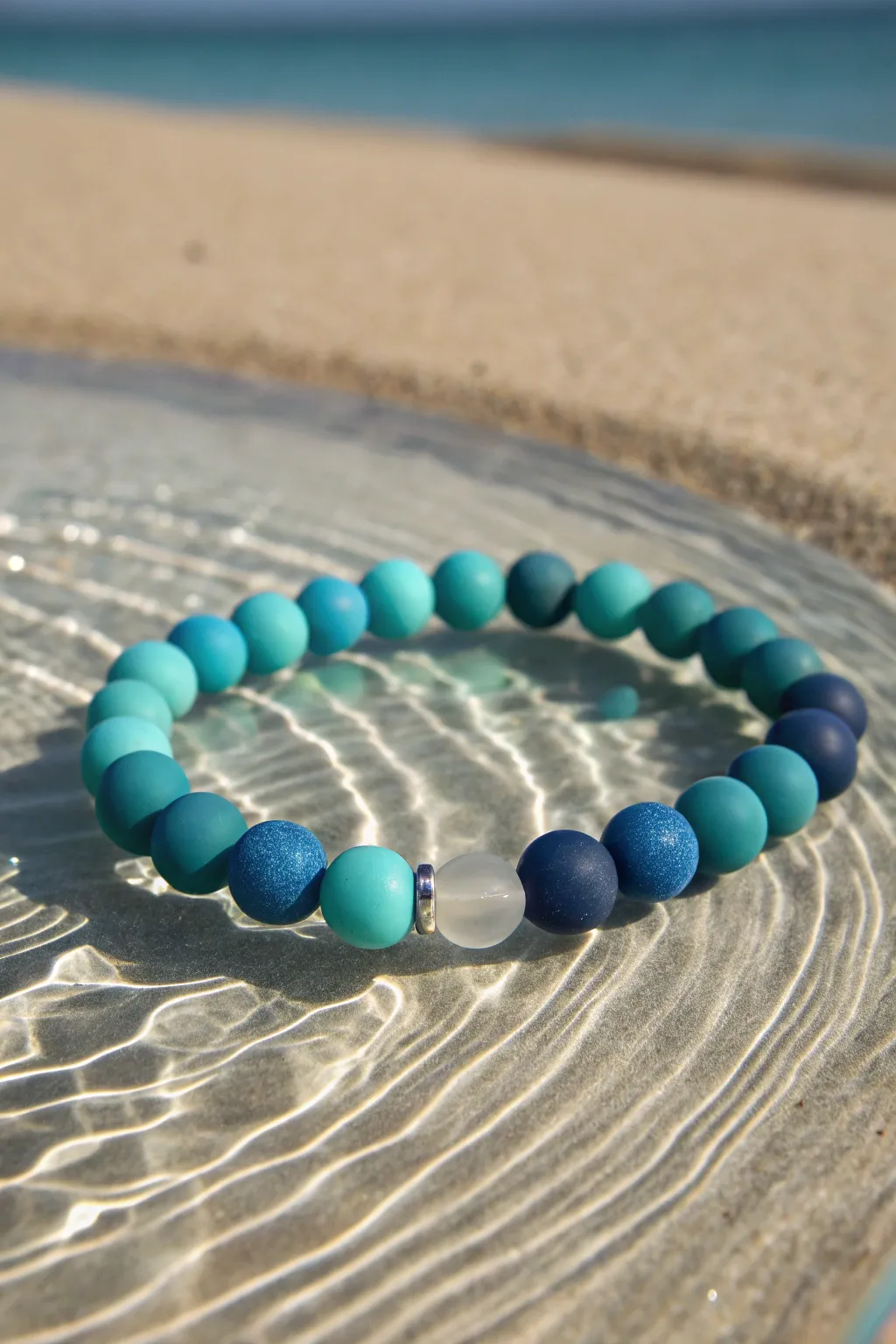 Ocean-inspired clay bead bracelet in teal, aqua, and deep blue on rippled glass reflections