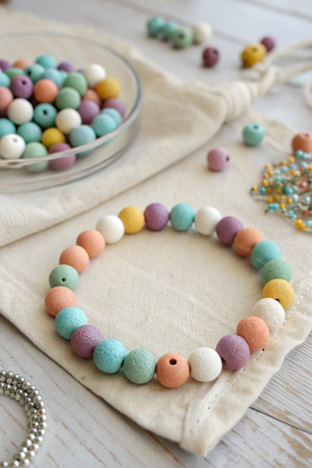 Confetti clay bead bracelet in five colors, styled minimally with a matching swatch pile