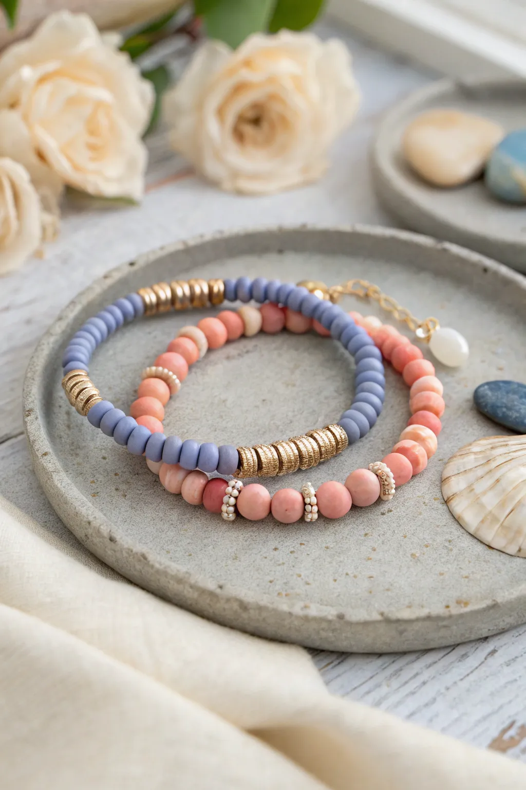 Birth month color pairing clay bead bracelets with one shared neutral band for best friend sets