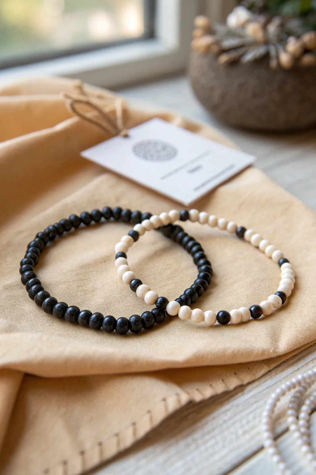 Couples clay bead bracelets with a hidden Morse code love message in minimalist boho style
