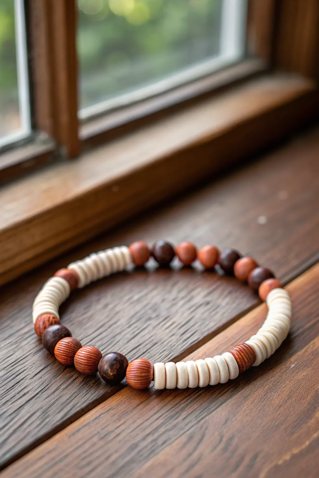 Clay heishi and dark wood rounds make a simple, rugged bracelet with warm natural tones.