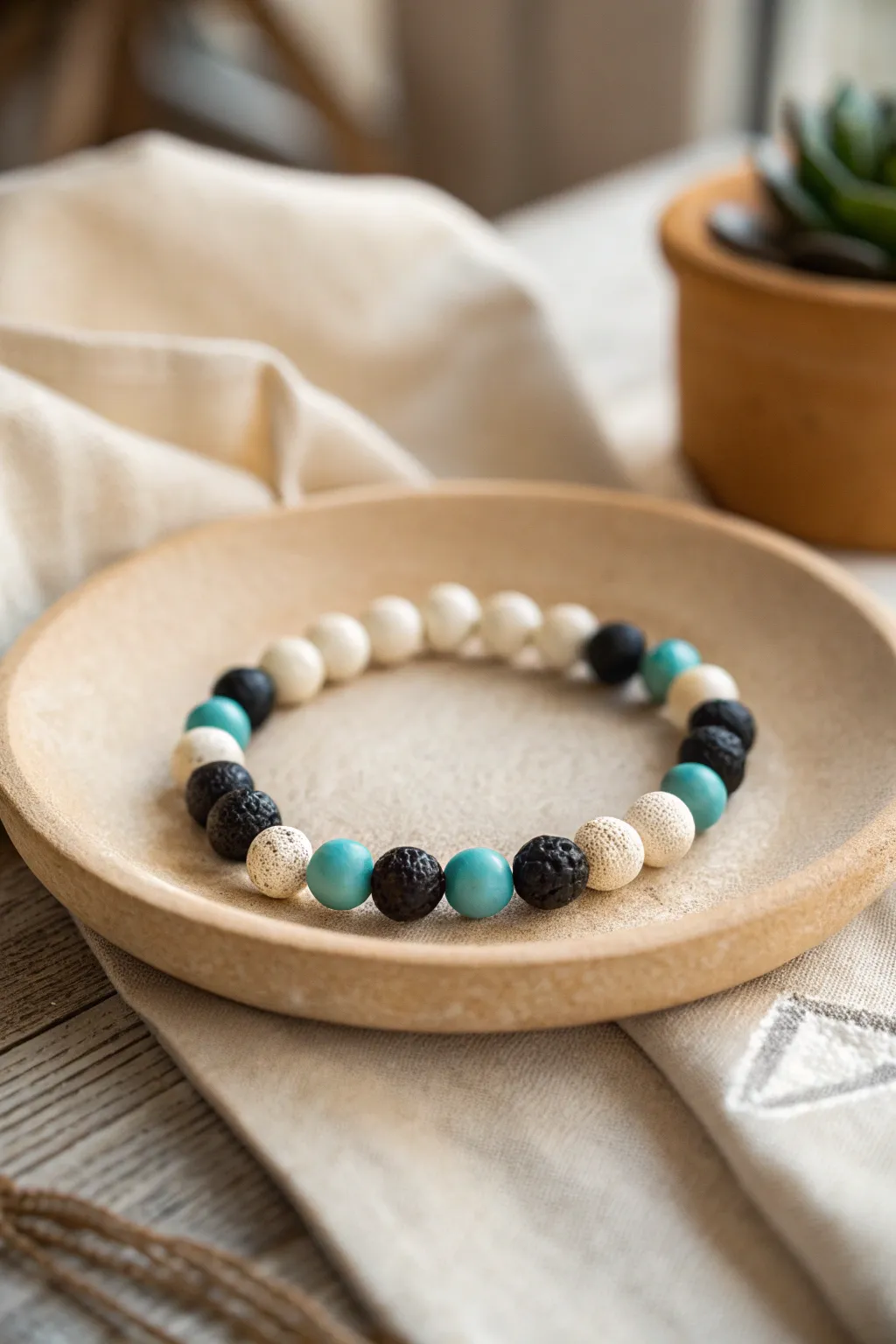 Minimal clay bead bracelet with color-coded sections inspired by math, science, and art teachers.