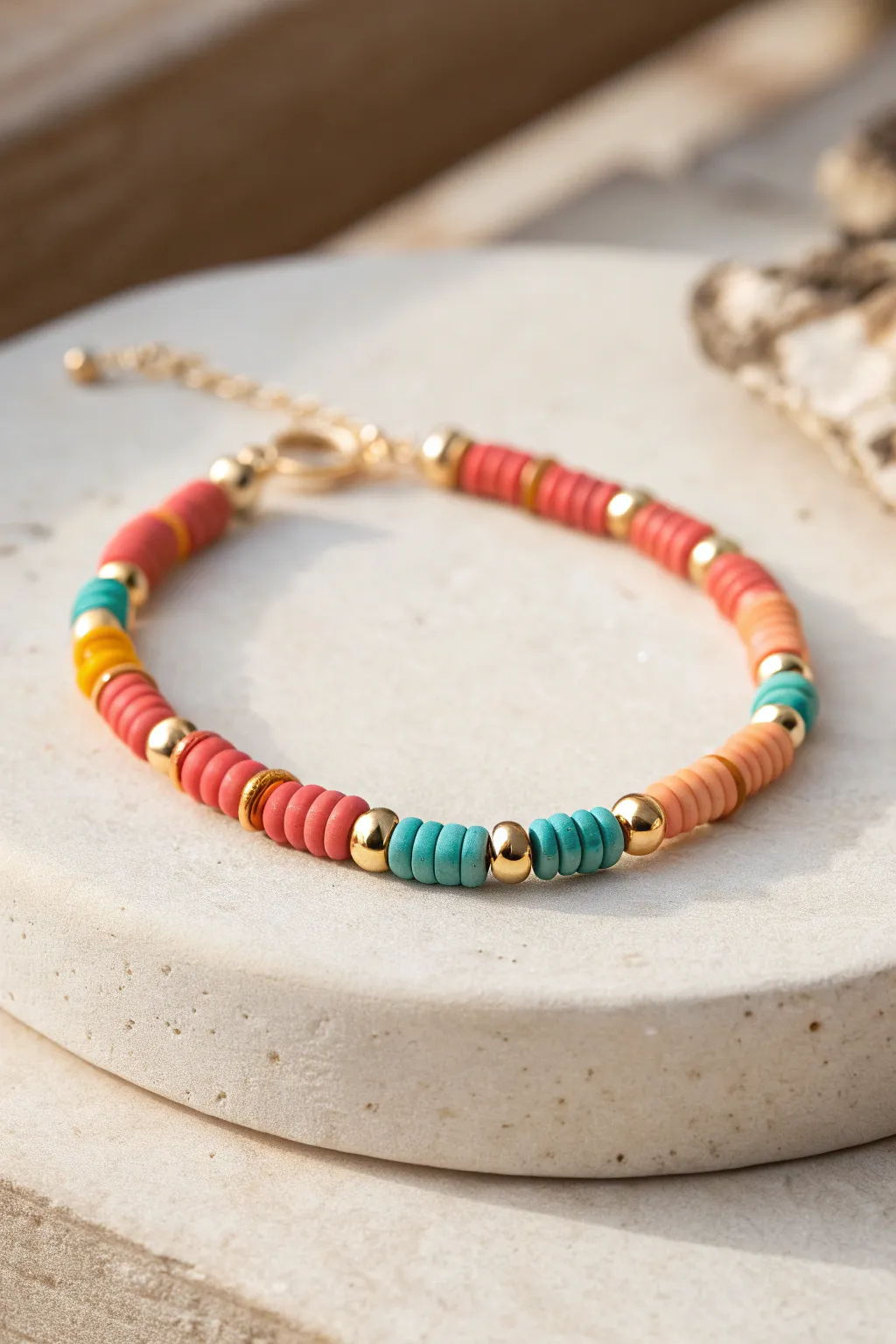 Bright heishi colors with tiny gold spacers, a chic break that replaces white beads.
