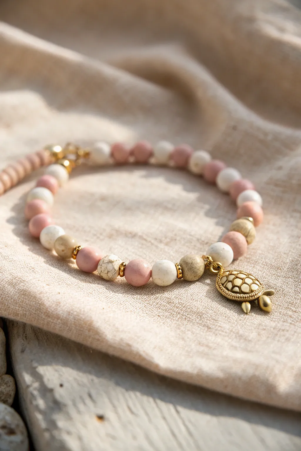 Soft pink clay bead bracelet with turtle charm and sandy accents for a beachy minimalist vibe.