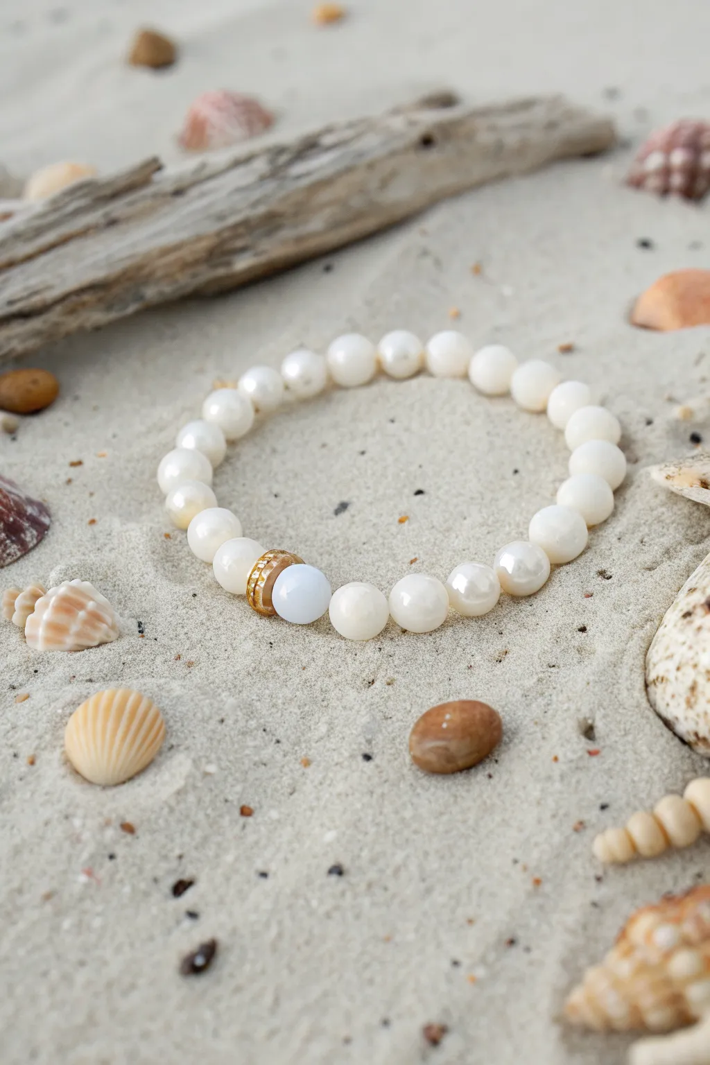 Pearl-inspired clay bead bracelet on soft sand and shells for an effortless summer beach look