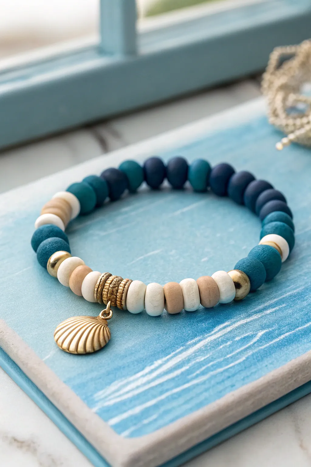Ocean blue clay bead bracelet in sandy neutrals, a simple coastal palette buyers love.