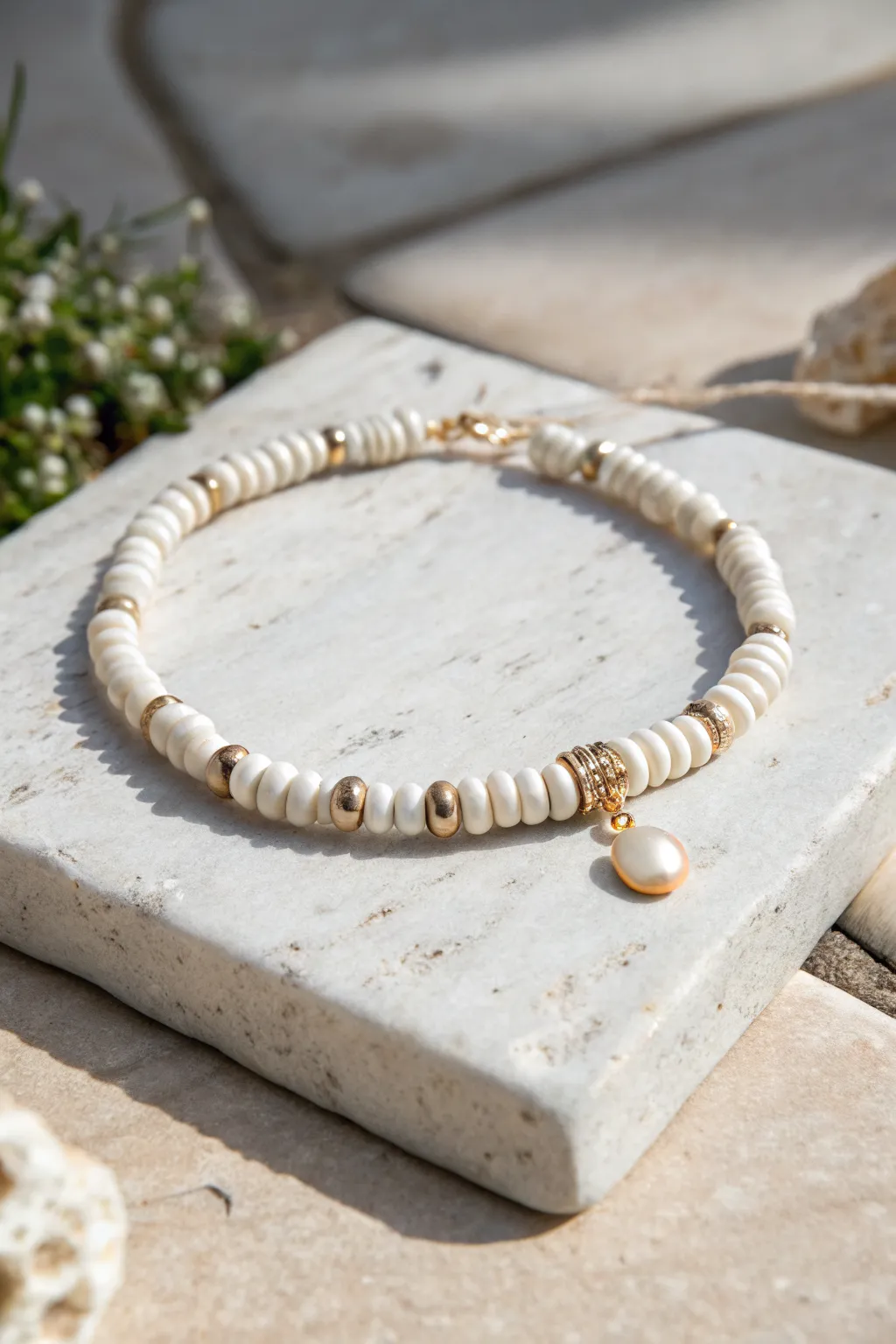 Clay heishi and pearl accents meet a minimal drop charm for an effortless, elegant bracelet