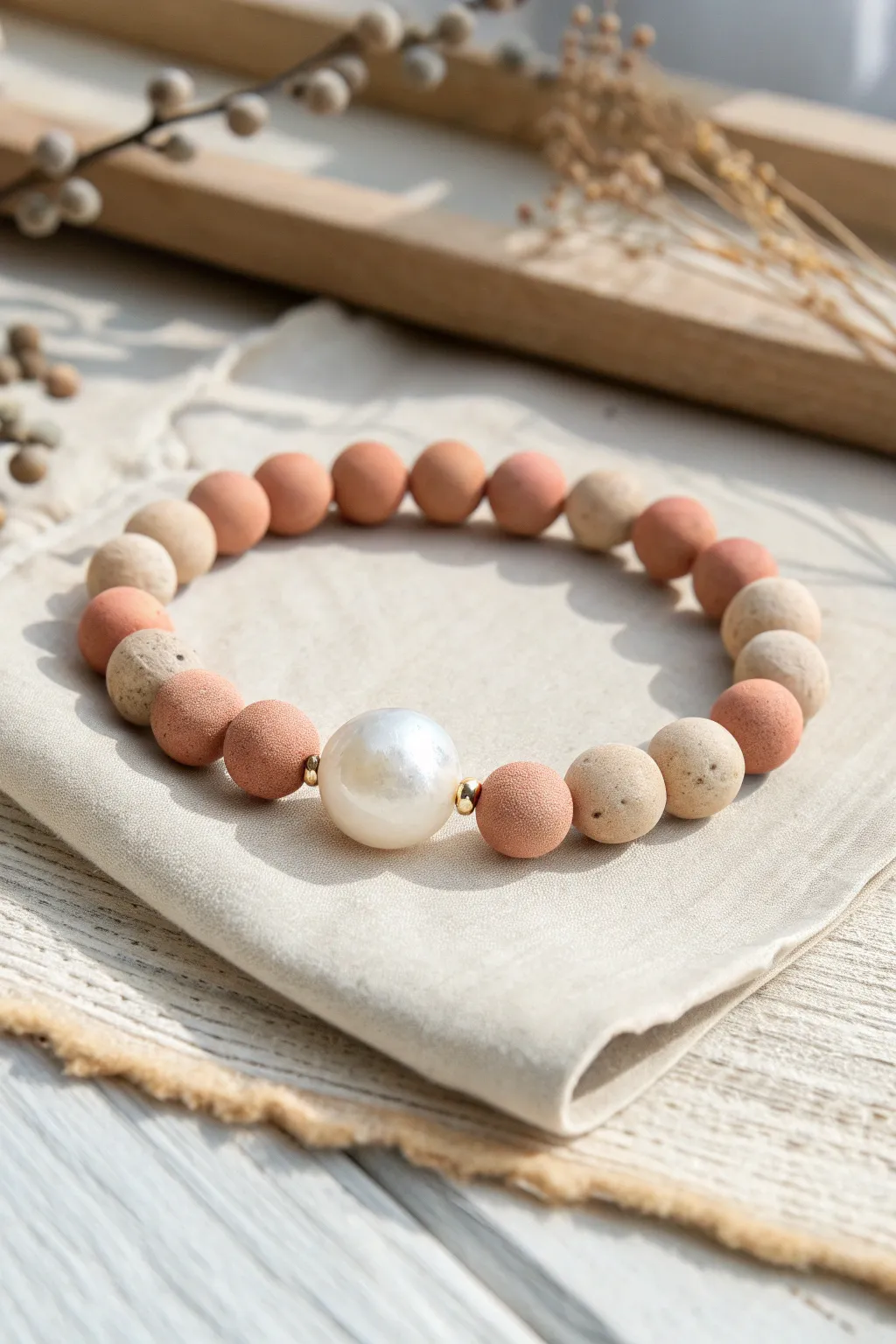A single statement pearl framed by a halo of handmade clay beads for an elegant minimalist look.