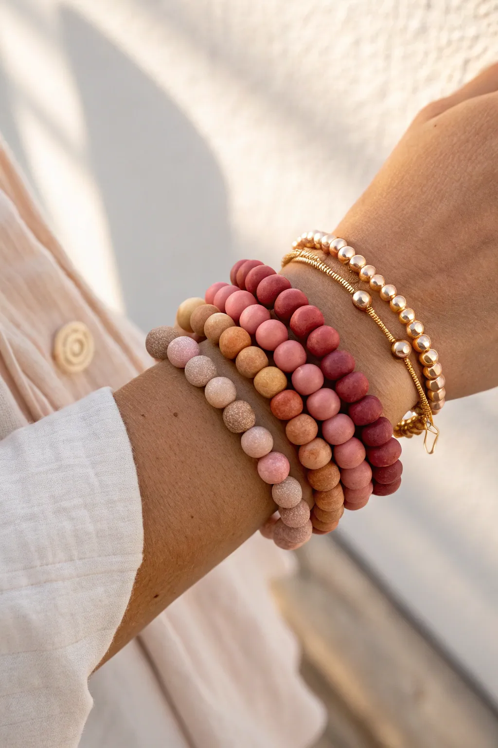 Sunset-gradient clay bead bracelet stack in warm golden light for an easy, feminine boho-minimal vibe