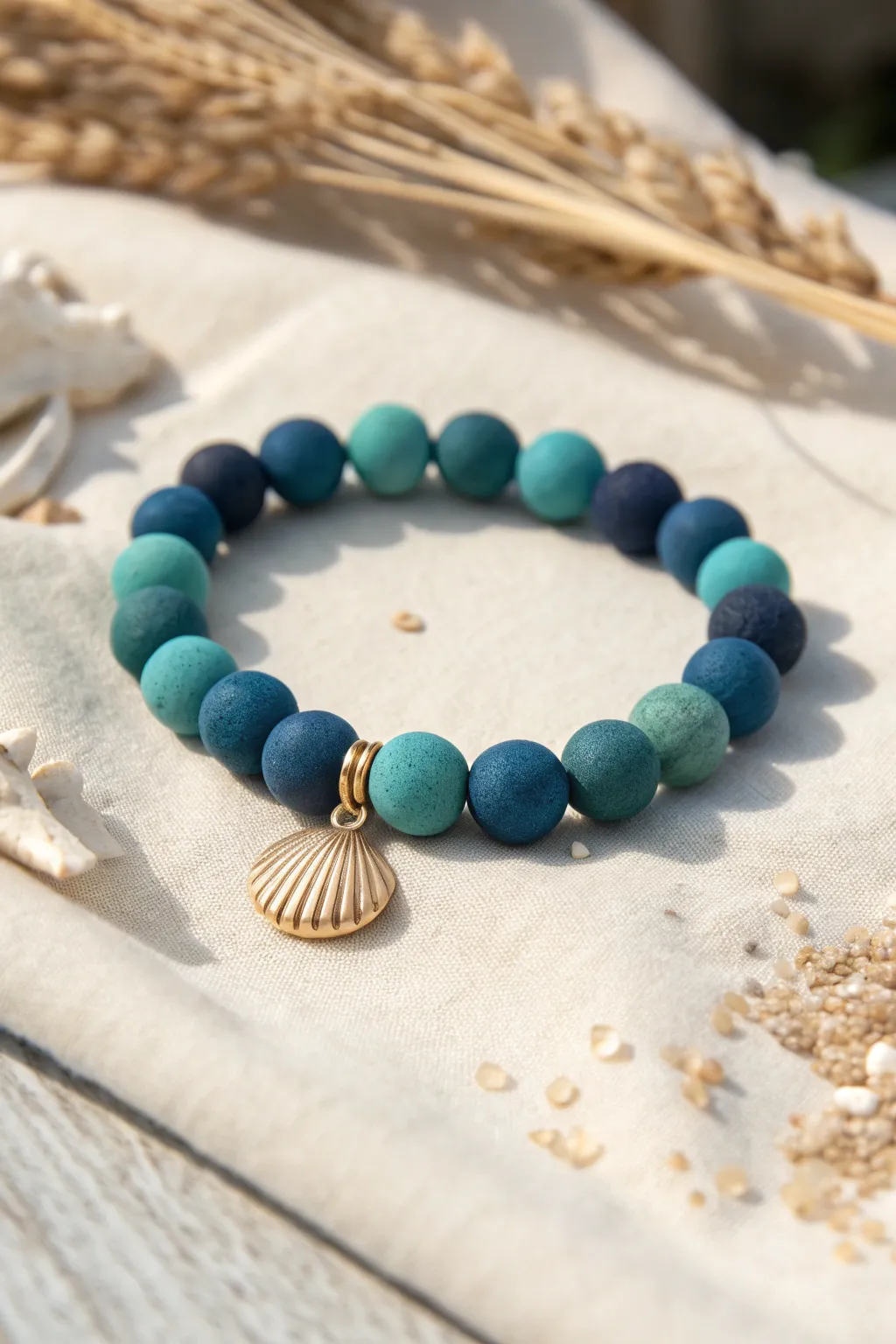 Ocean-toned clay beads and a tiny shell charm for an easy, beachy bracelet with calm boho vibes.