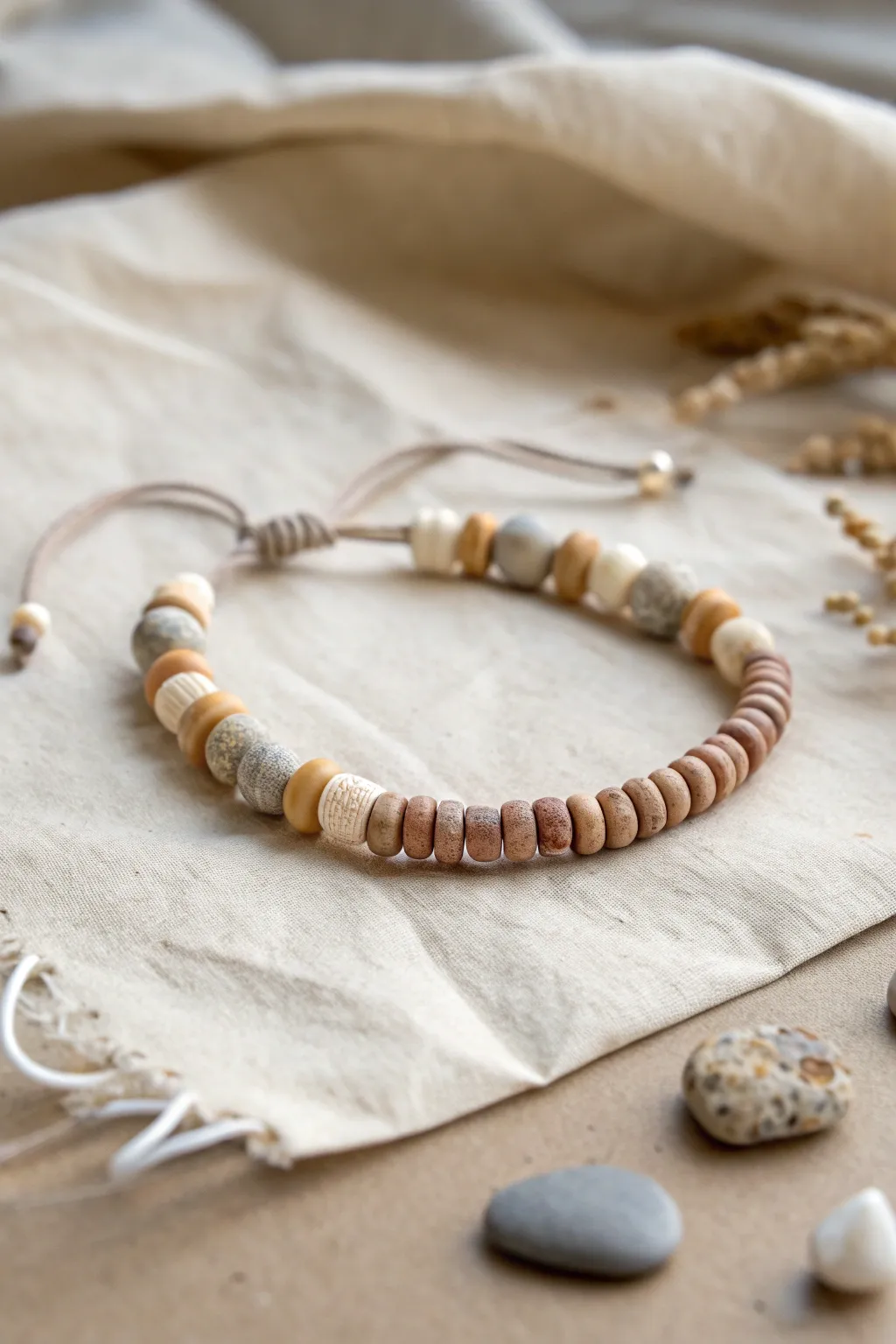 Neutral clay heishi bracelet in sand and stone tones, styled on linen for calm minimal beauty