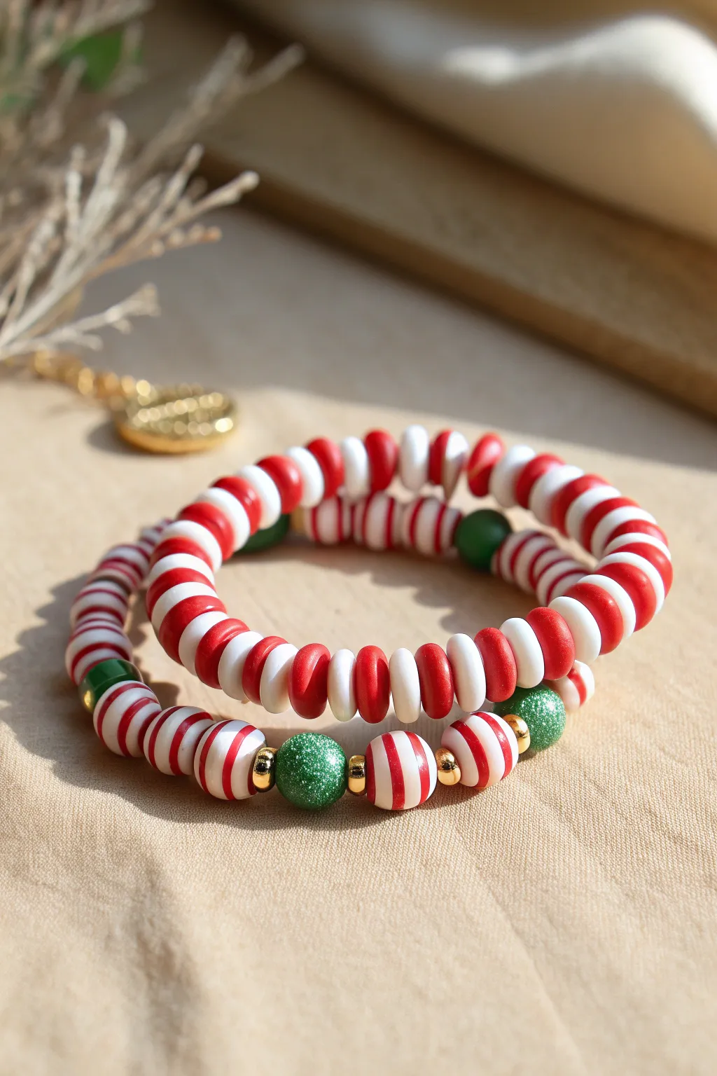 Red and white candy stripe clay bead bracelets with a tiny green or gold spacer accent.