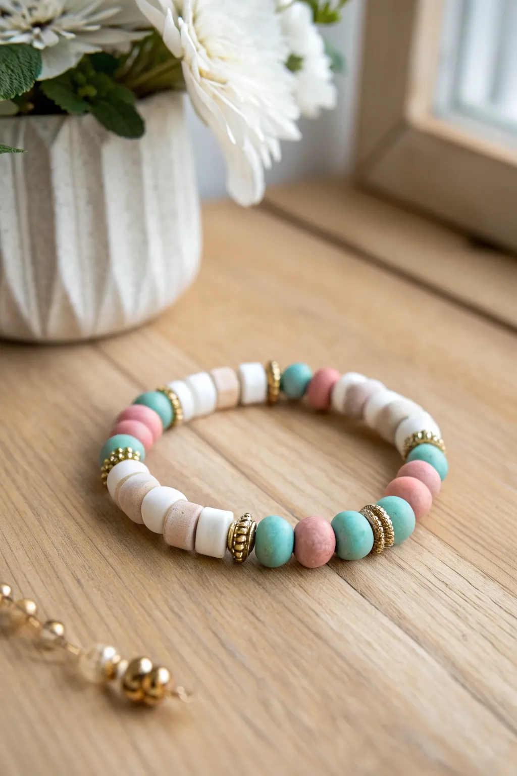 Color-block clay bead bracelet with crisp gold spacers for clean, modern stripe contrast