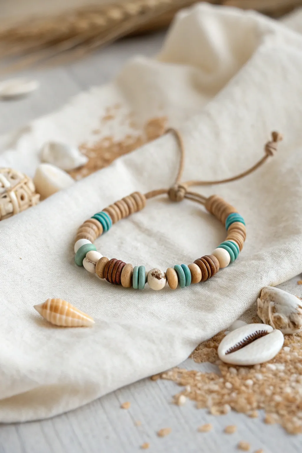 Beachy clay disc bead bracelet in sand neutrals, ocean teal, and white with a shell accent